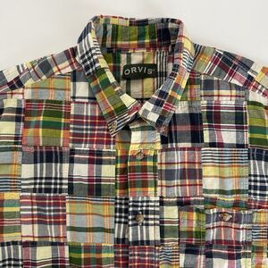 Orvis Shirt Mens Sz XL Multicolor Patchwork Madras Plaid Short Sleeve Button Up